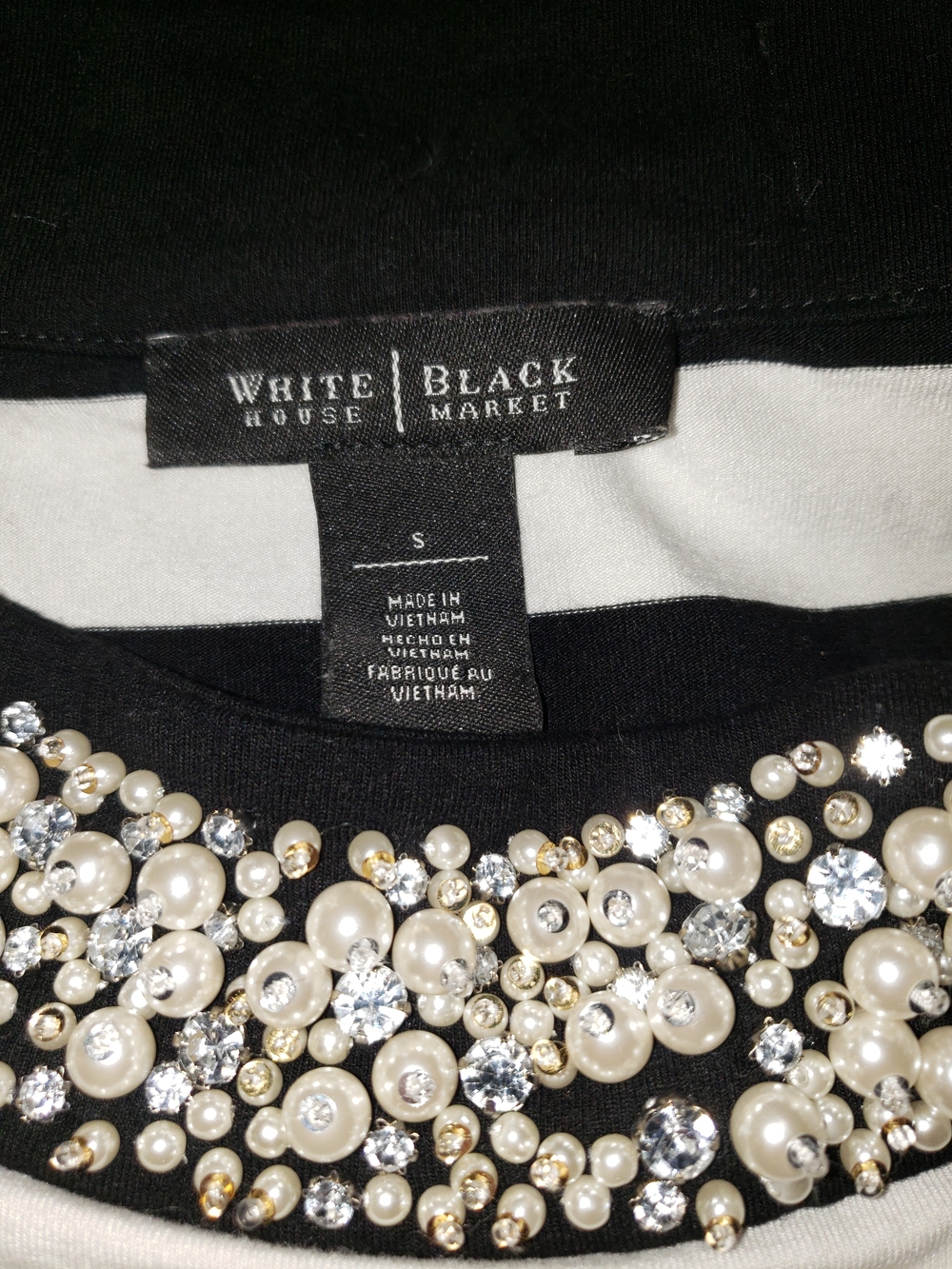 White House Black Market Black and White Striped Embellished Boatneck Top - Picture 3 of 3
